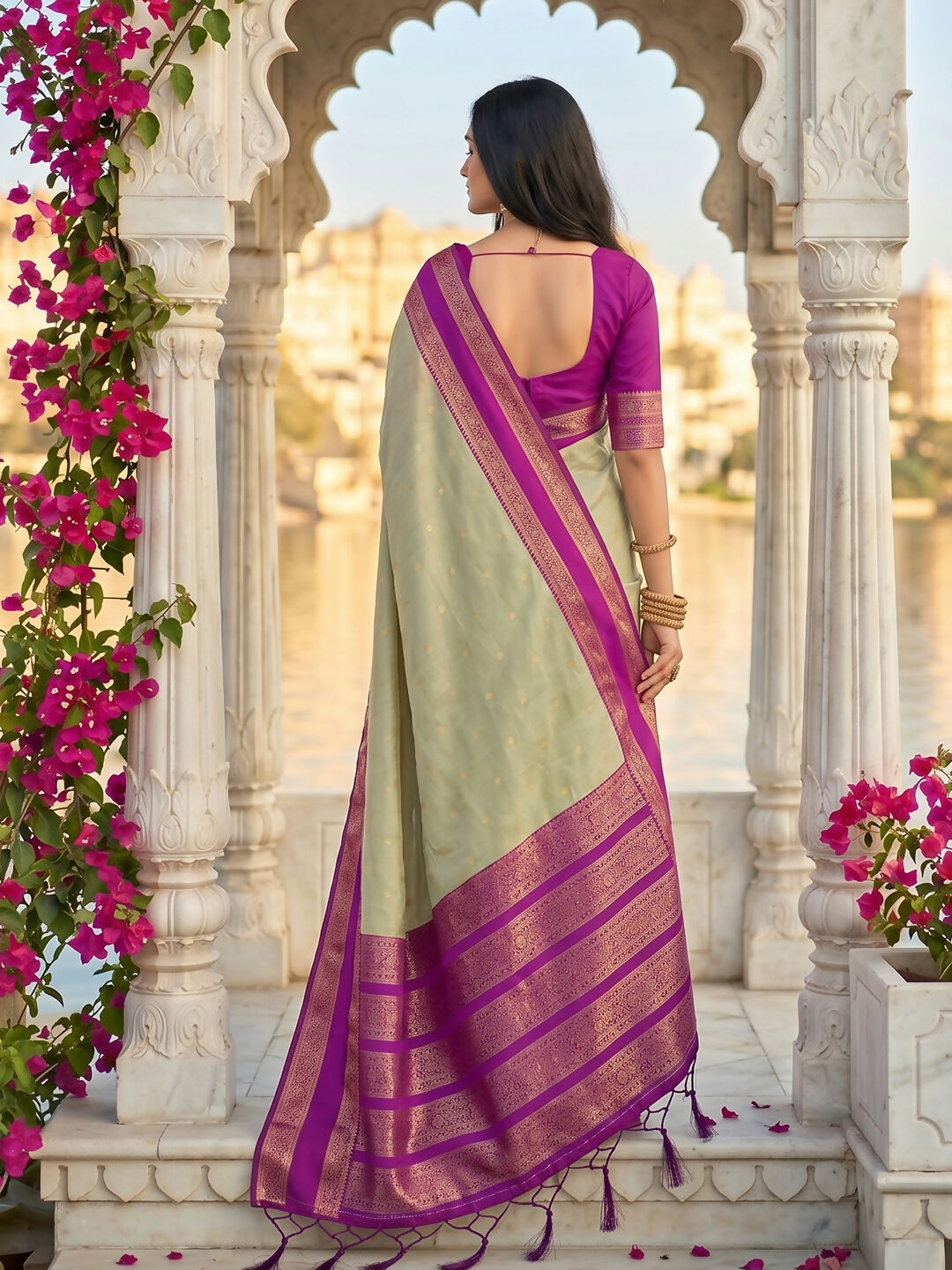 Chiku Silk Blend Saree with Matching Blouse Piece