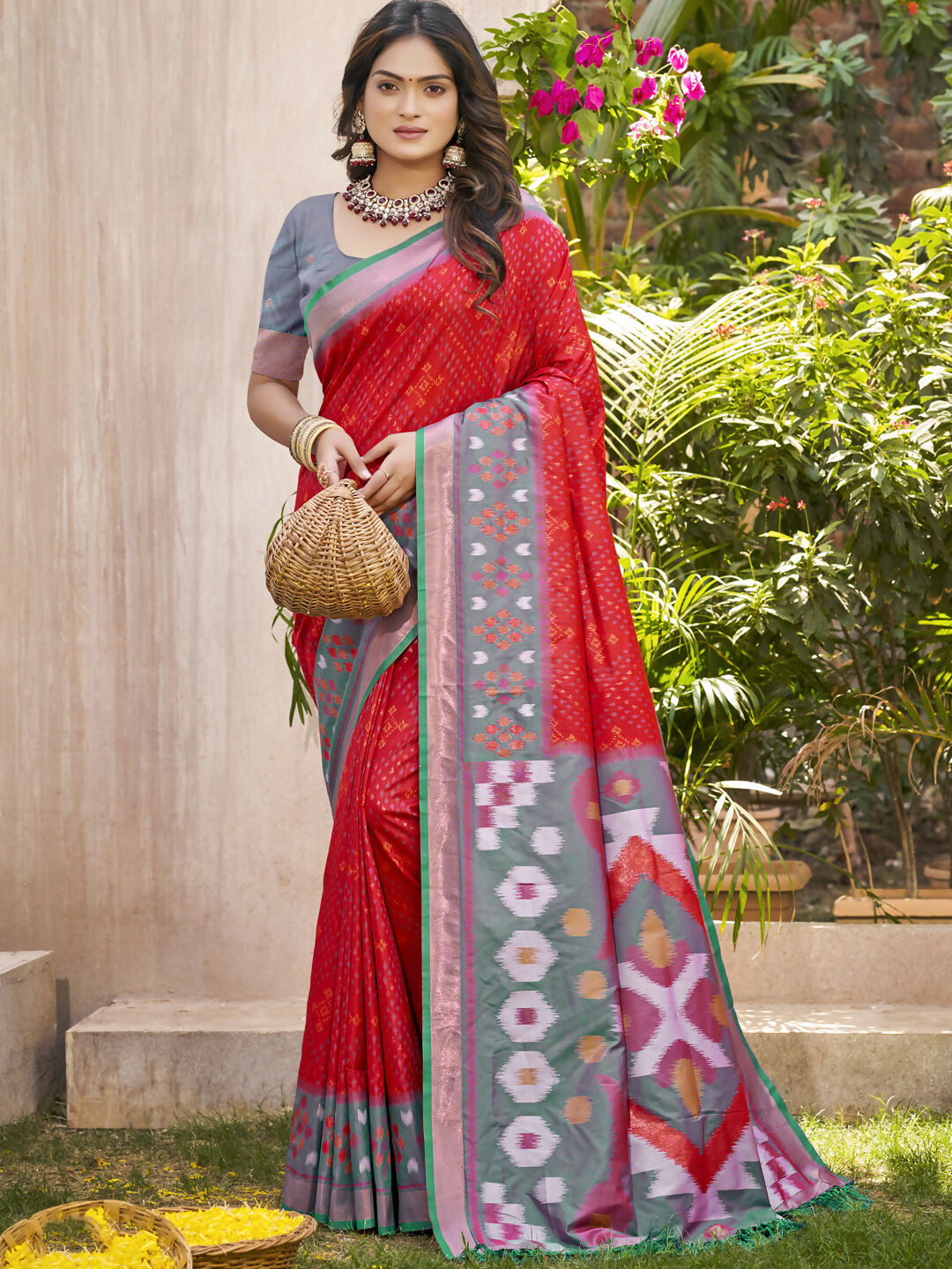 Yellow Pochampalli Silk saree with a striking rust contrast blouse