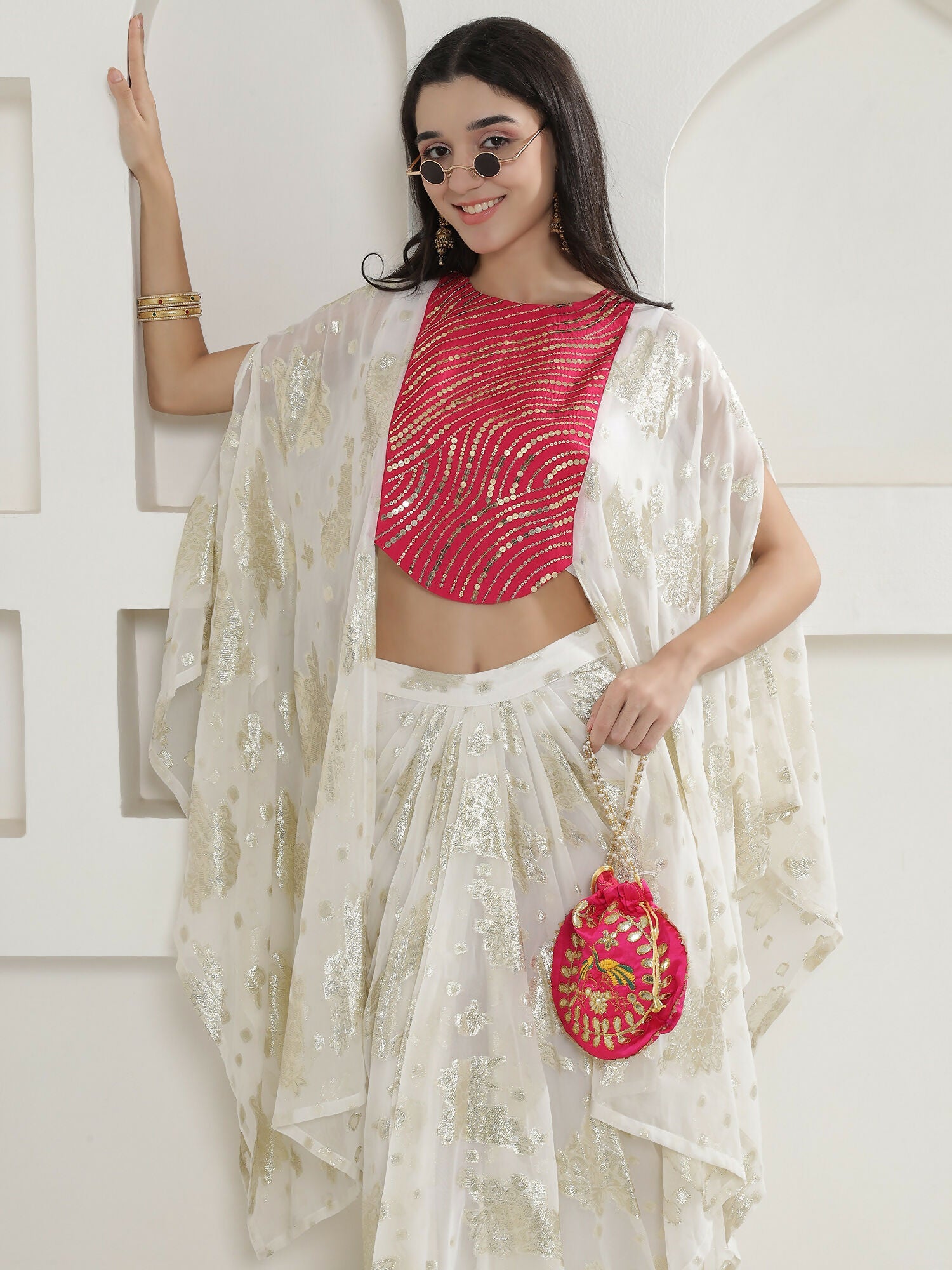 White & Pink Kaftaan with Skirt Set - Hand Embellished Chinnon