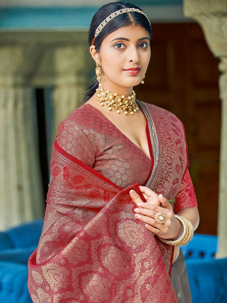 Grey Linen Cotton Saree with Contrast Red Blouse