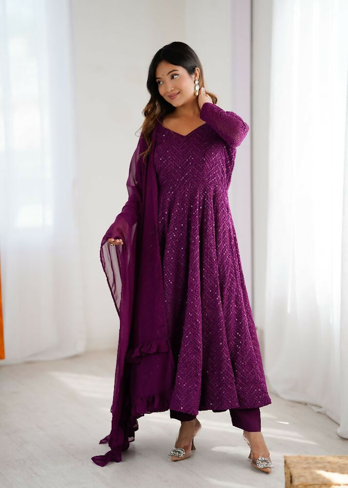 Wine Kurta Set in Georgette with Elegant Sequence Embroidery Work