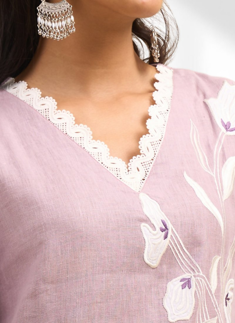 Pink Linen Embroidered Long Kurta Set with Matching Pants