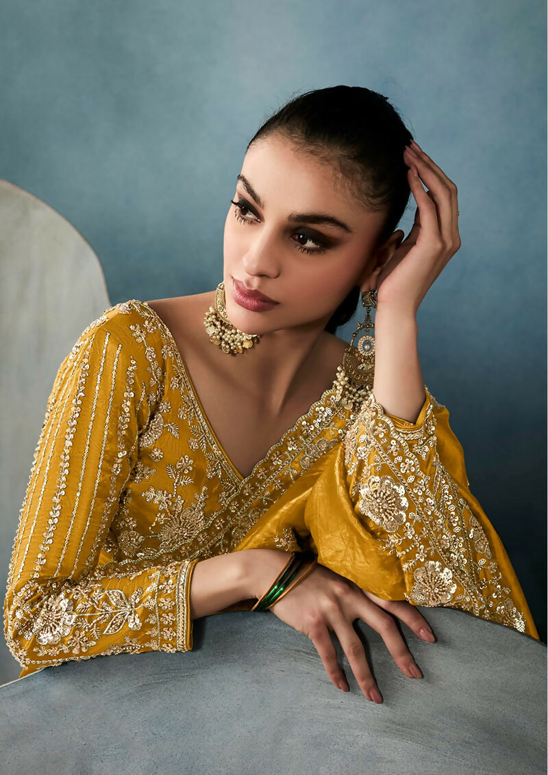 Mustard Tissue Saree with Sequins and Zari Embroidery Work