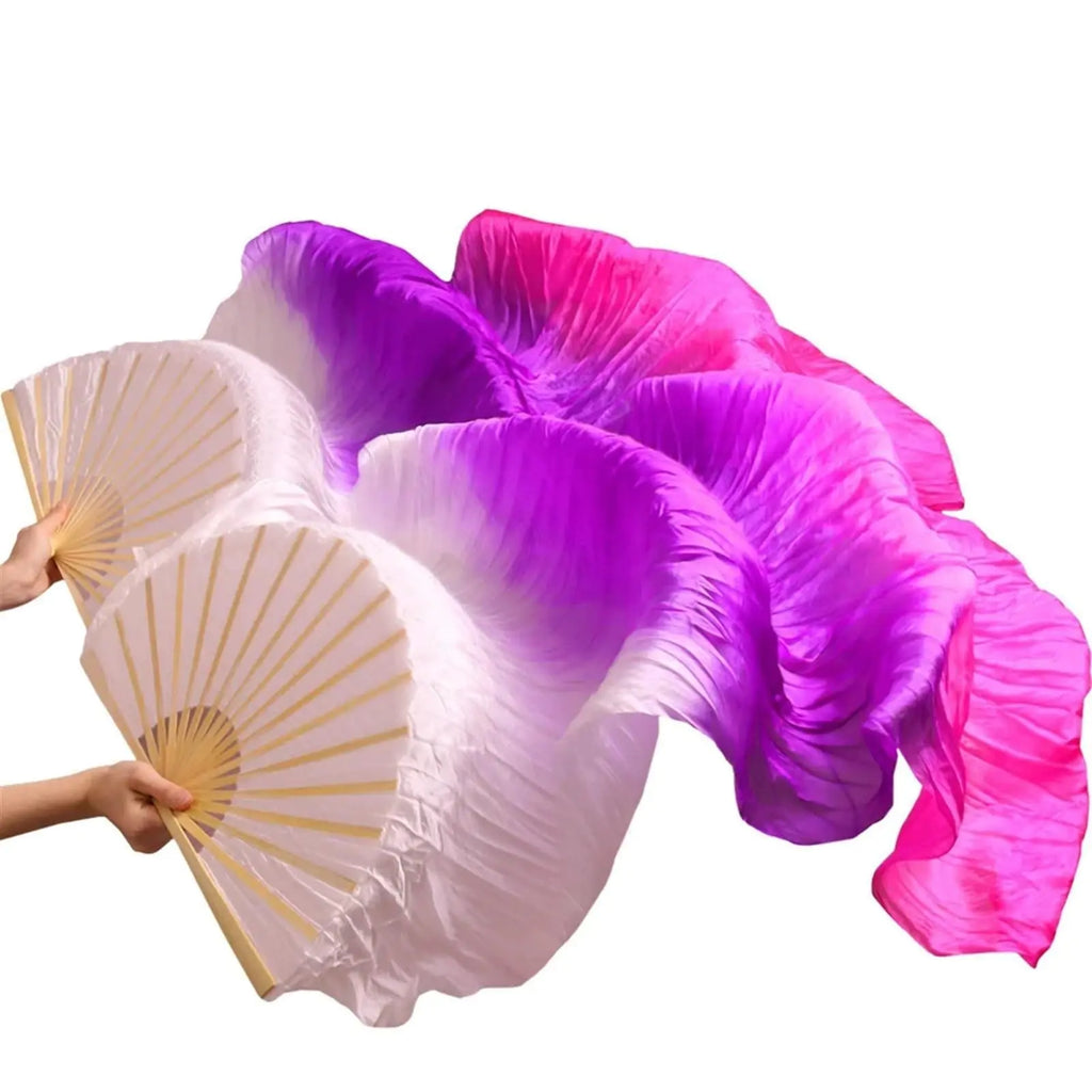 LZCSXON 1 Pair(Left+Right) Belly Dance Fan Artificial Silk Bamboo FansColorful Dancing Fabric FansLong Folding Belly Dance Fans for DancingLength 180cm Width 90cm. (White Gradient Pink)