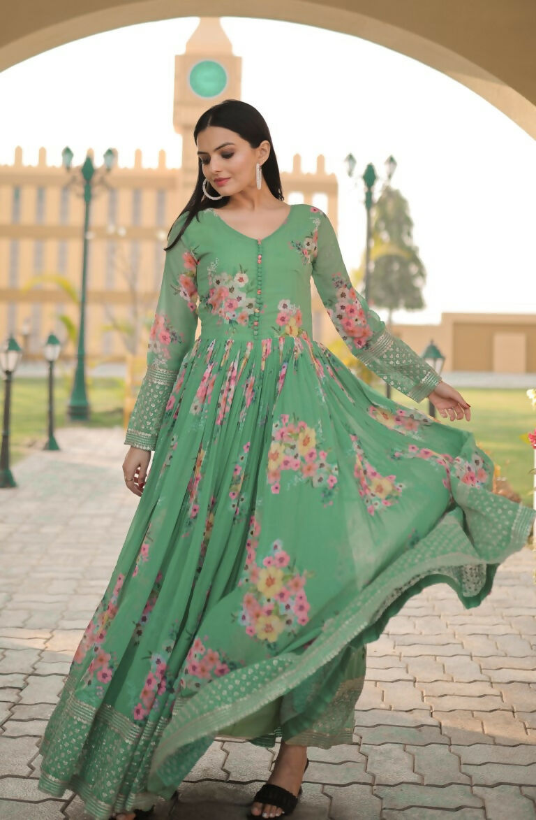 Green Digital Print Anarkali Dress with Zari Embroidery