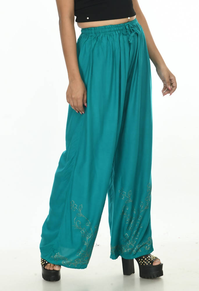 Rama Green rayon cotton palazzo pants with detailed Sirsoki work and string closure