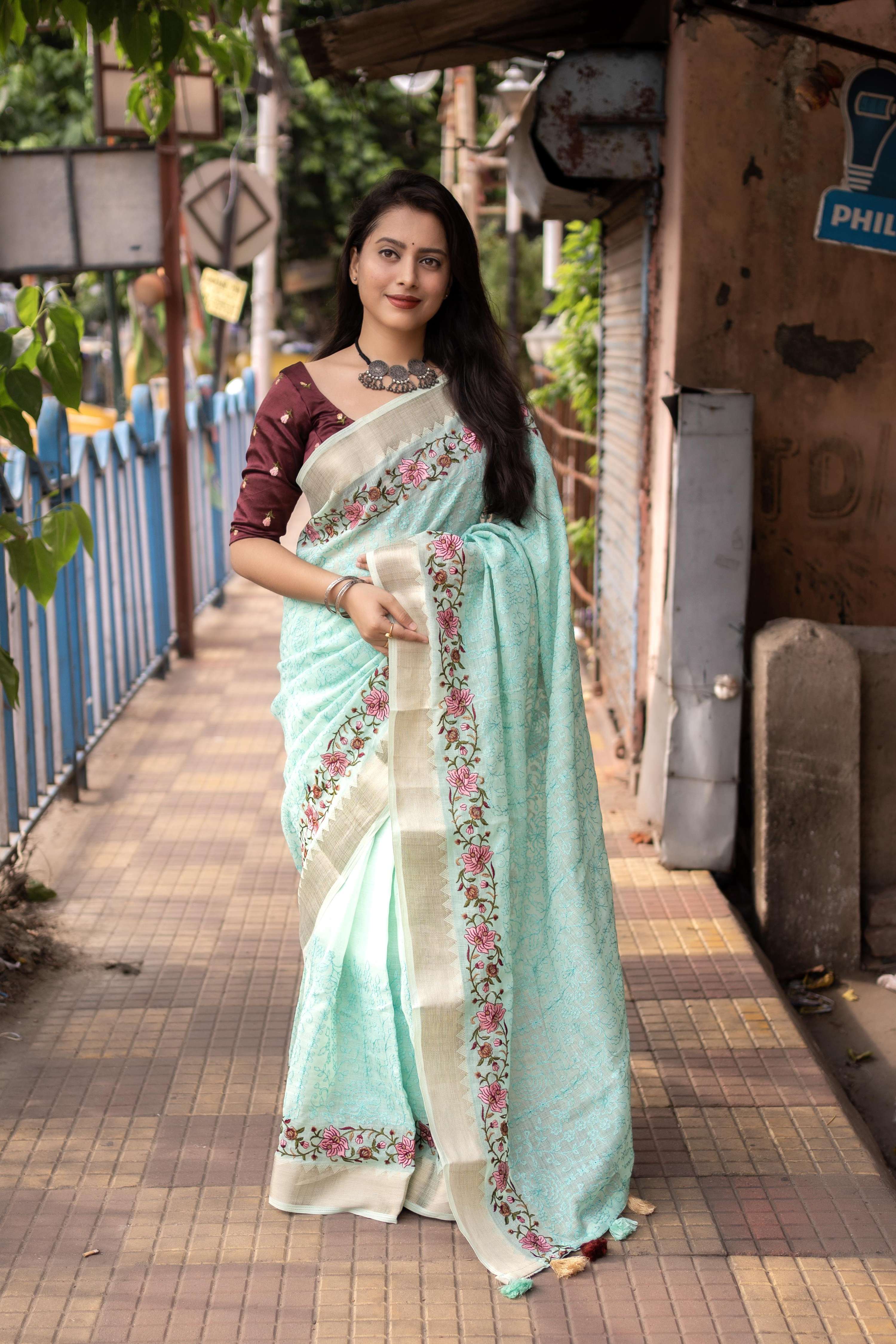 Blue Pure Linen Woven Design Saree with Unstitched Blouse - Hiral Fashion