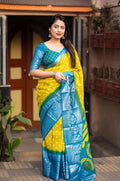Lemon jute silk saree with allover bandez print and cut broaso border