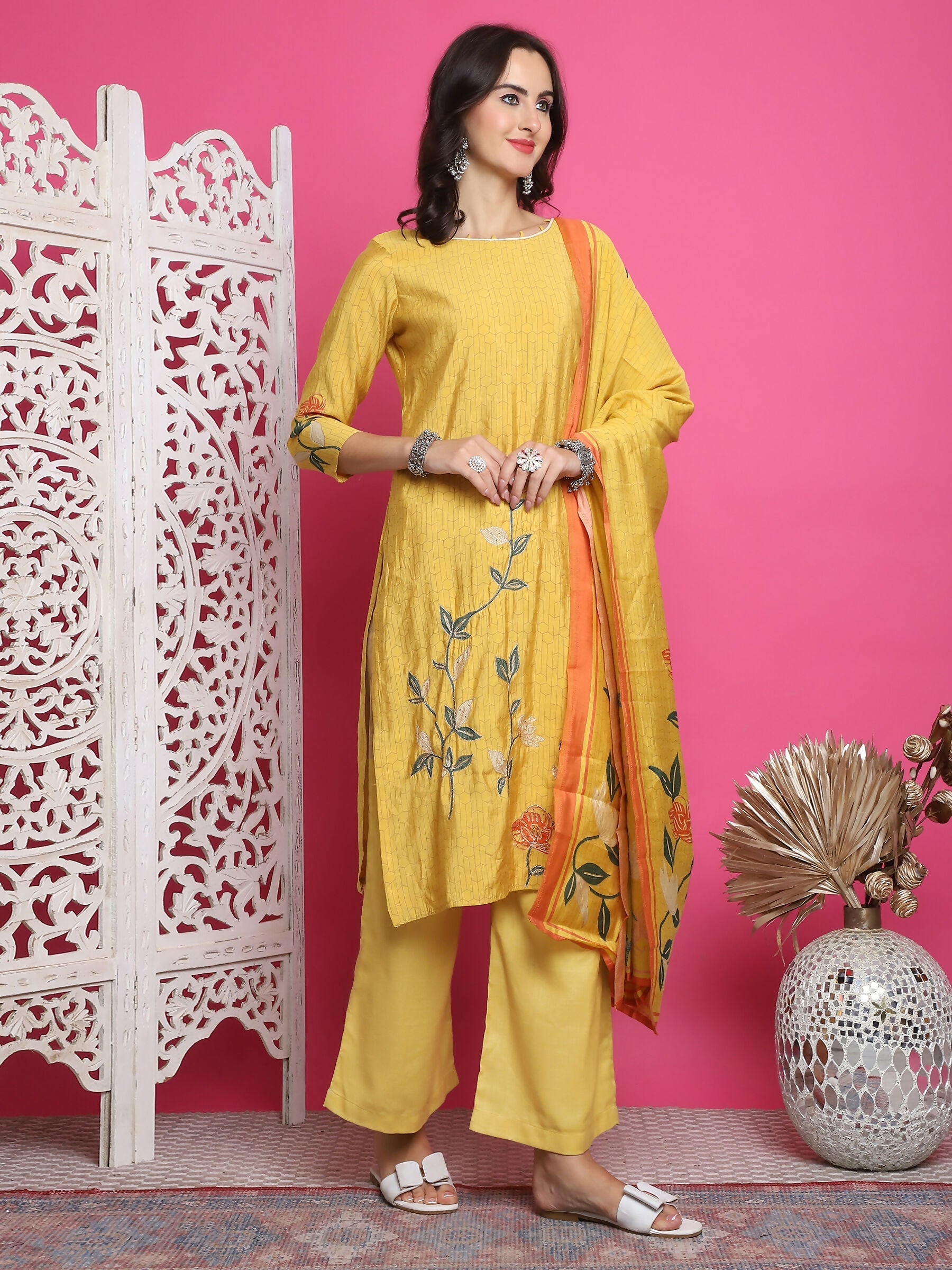 Women's Yellow Muslin Floral Print Straight Kurta Set with Dupatta