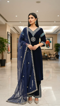 Blue velvet kurta set with elegant embroidery and sequence embellishments