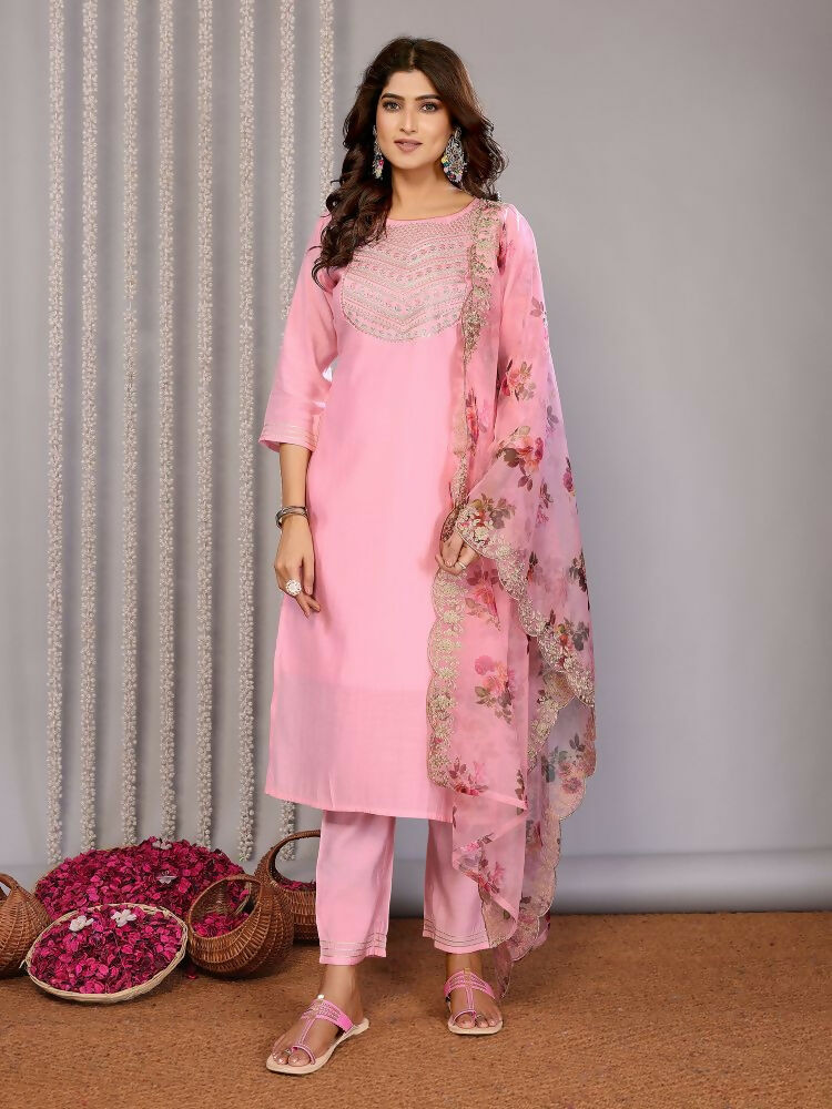 Women Light Pink Roman Embroidery Stitched Kurta Set with Dupatta