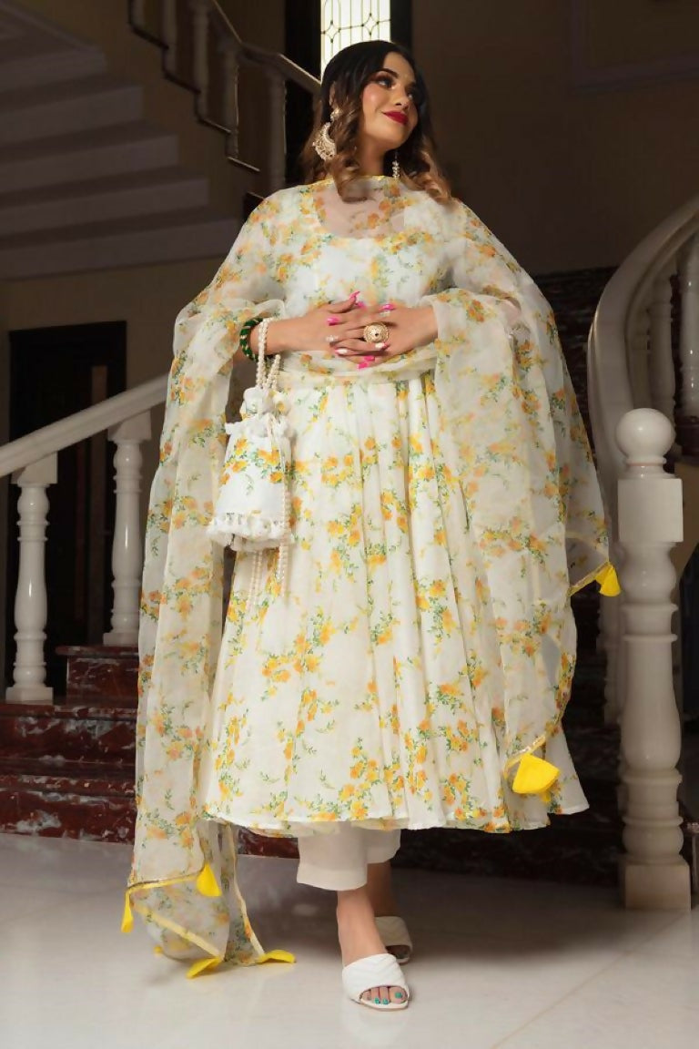 Mehendi A-line Chanderi kurta with digital floral print, half sleeves, trousers, and matching dupatta.