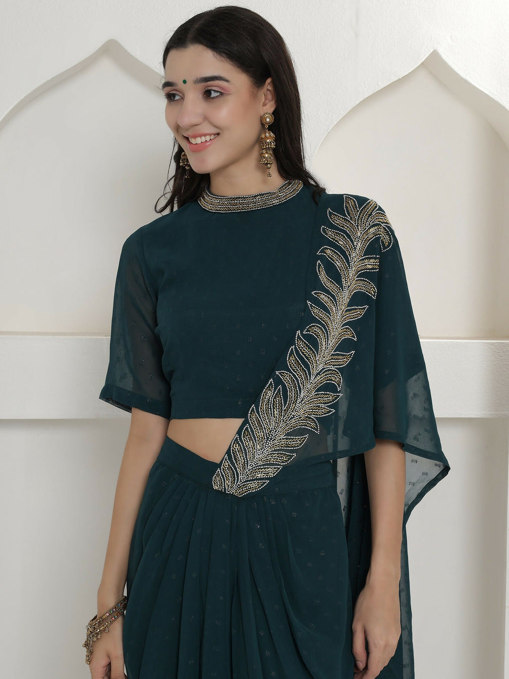 Green Georgette Drape Skirt Set with Hand Embellishment
