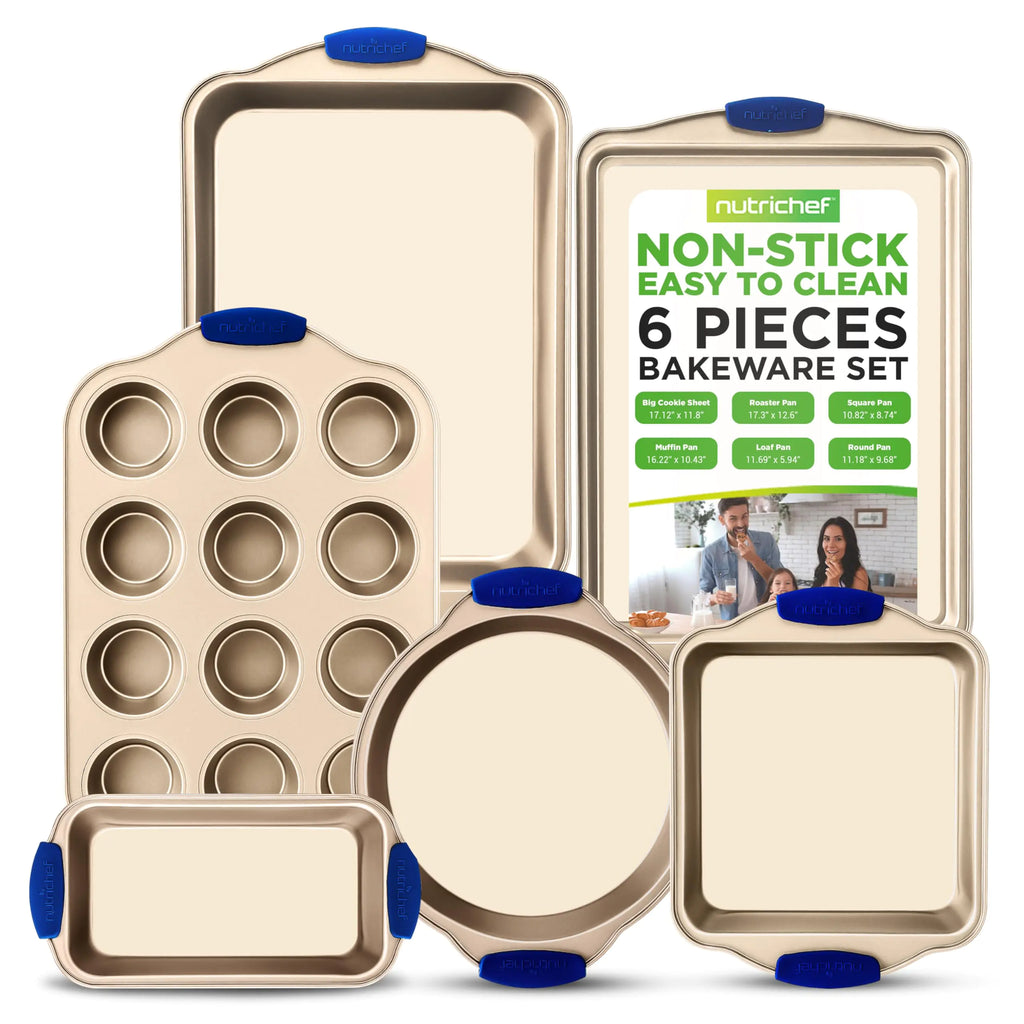 NutriChef Bakeware Set Baking Pans Cookie Sheets Includes: Cookie Sheet Roasting Pan Loaf Pan Muffin Pan Square Pan Cake Pan Nonstick Kitchen Oven Trays Gold 6 pc