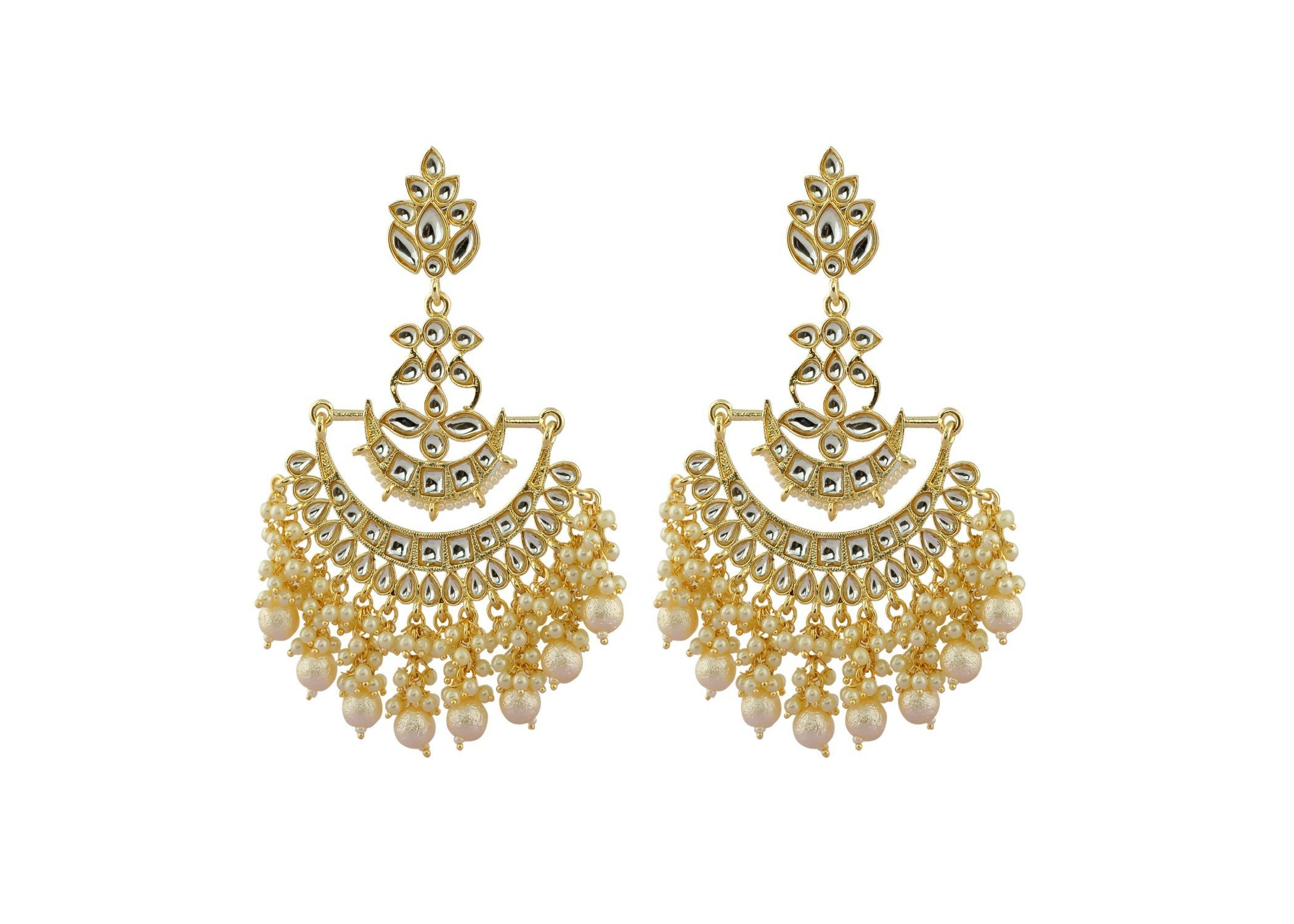 A pair of traditional golden white Kundan and Pearl drop earrings for women